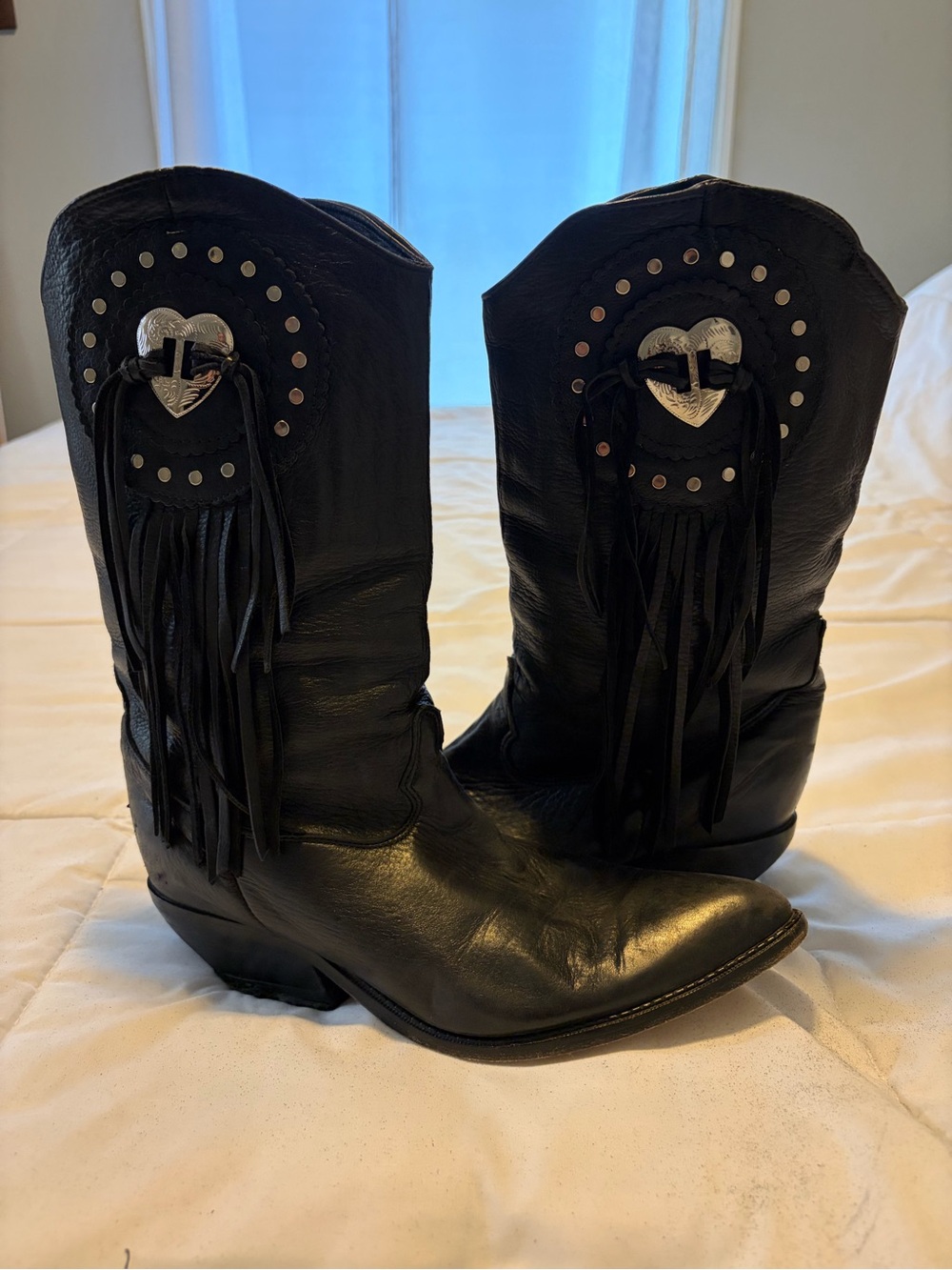 *VINTAGE* Zodiac Black Leather Fringe Studded Heeled Boots